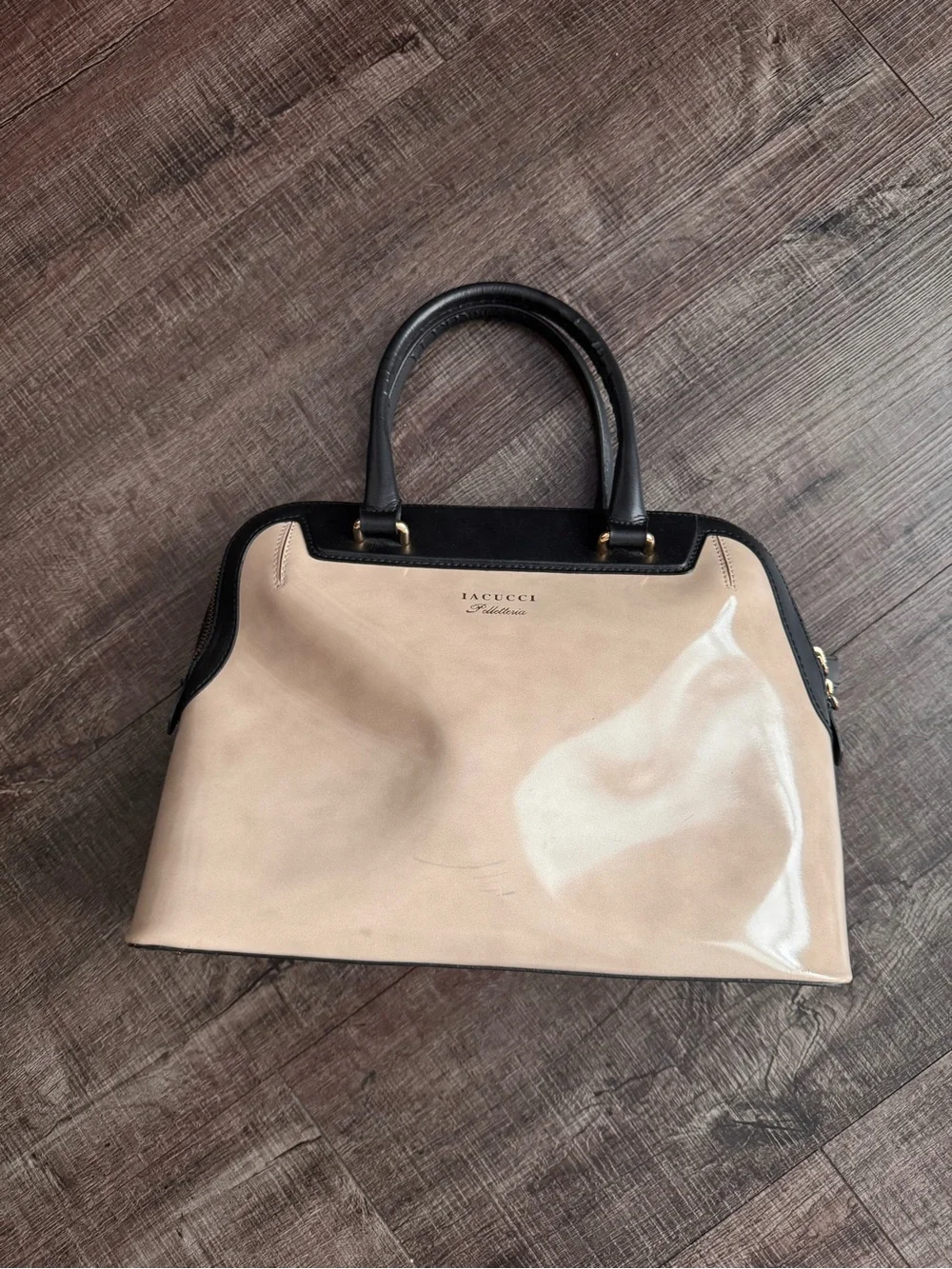 Iacucci Two-Tone Patent Dome Satchel in Beige and Black